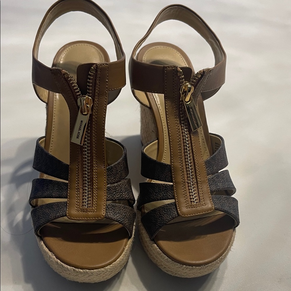 Michael Kors Tan and Black Wedge Sandals